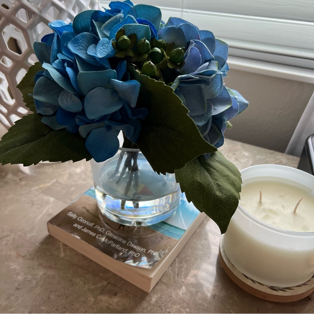 Martha Stewart Hydrangea Centerpiece in cristal vase! Beautiful accent. 9”x12”